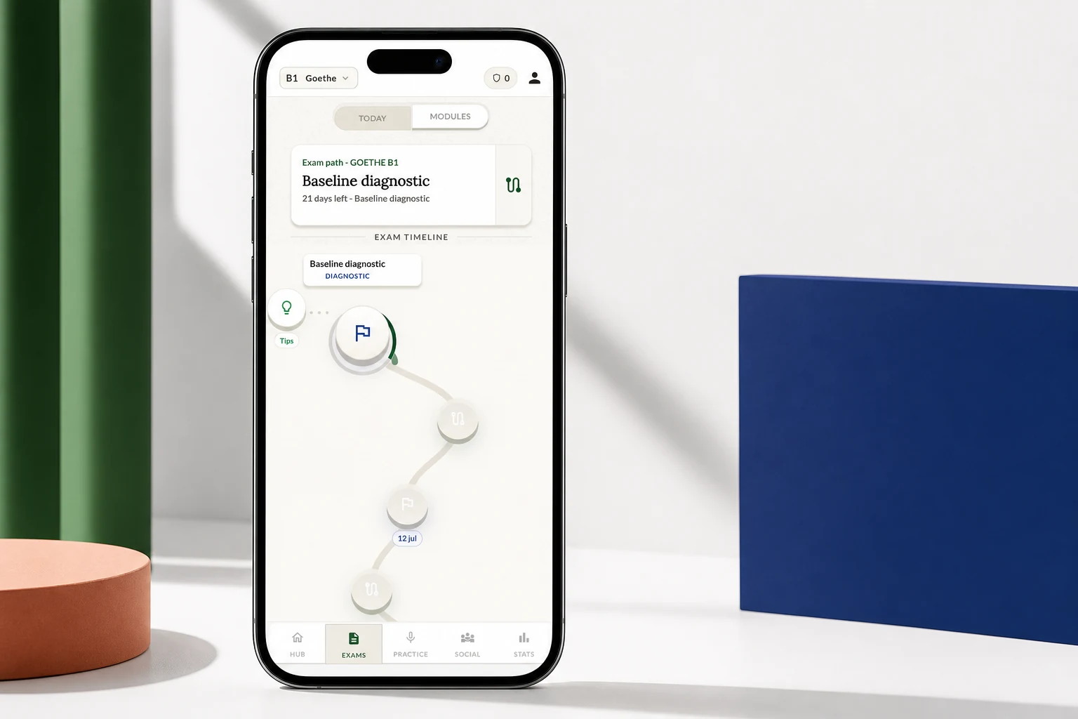 Velang Goethe B1 baseline diagnostic and exam timeline in a phone frame