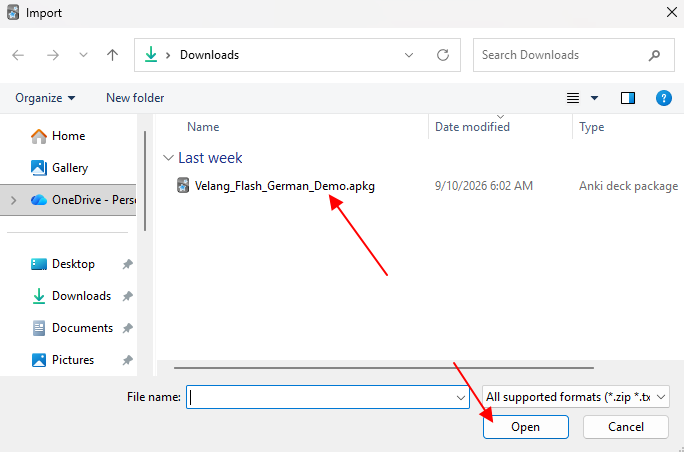Select your downloaded .apkg file and click Open